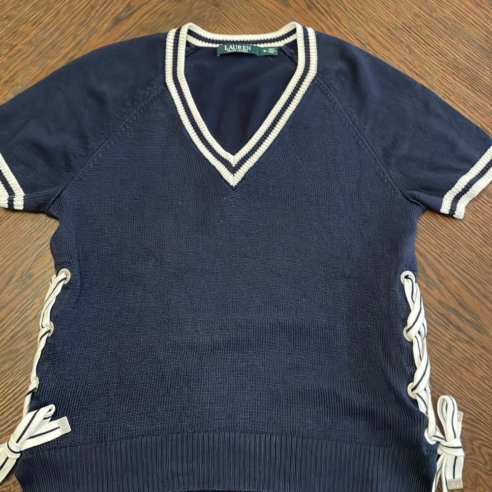 Lauren Ralph Lauren Navy & White Cable Knit Zip Top- Size Medium